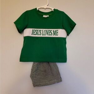 Green 'Jesus Loves Me' Smocked Outfit